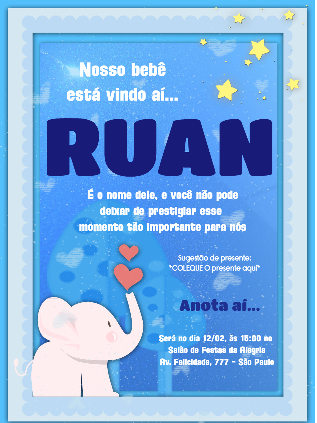 Convite Chá de Fraldas Elefantinho Azul para Editar Online Convite Chá de Fraldas Elefantinho Azul para Editar Online