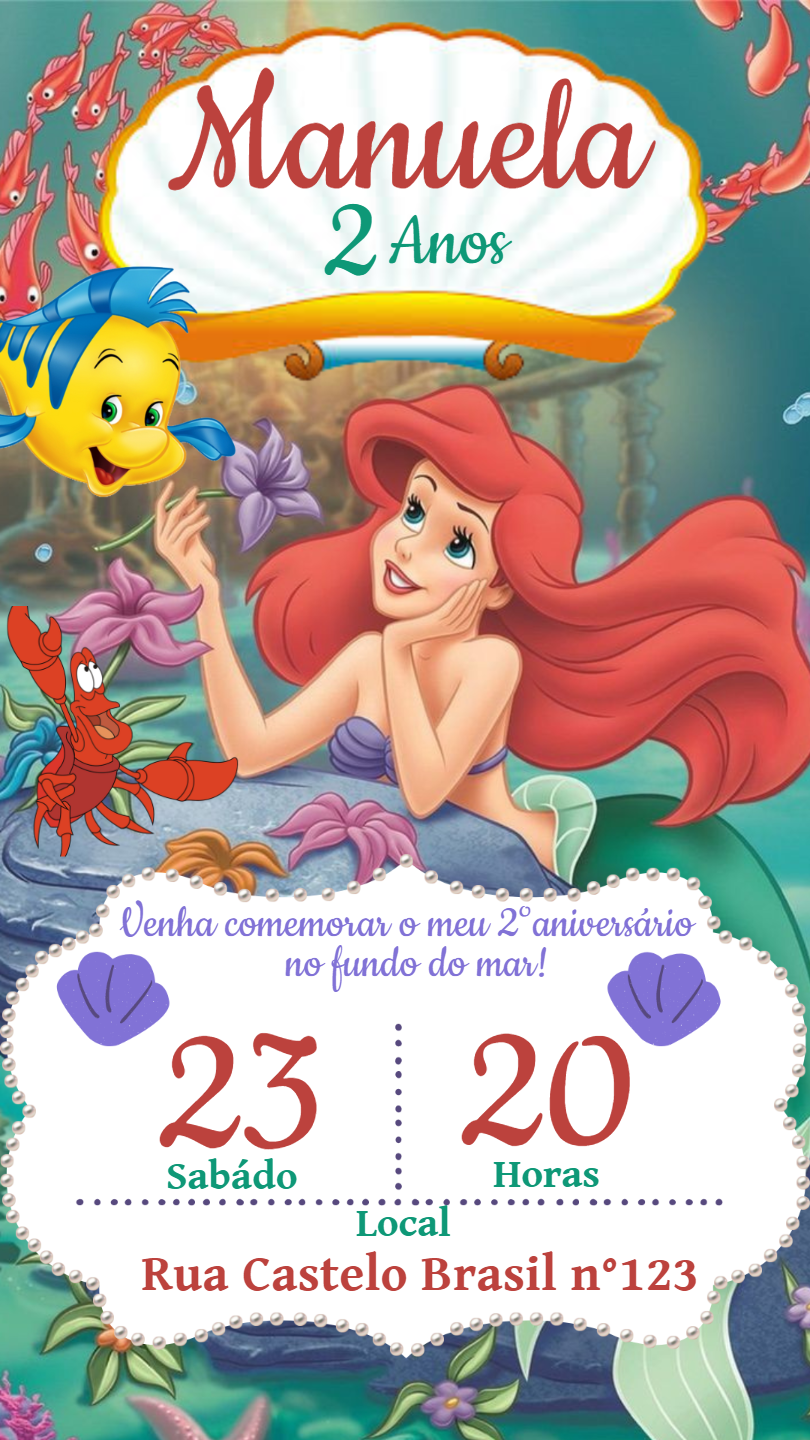 Convite Aniversário Pequena Sereia Ariel para Editar Online Convite Aniversário Pequena Sereia Ariel para Editar Online