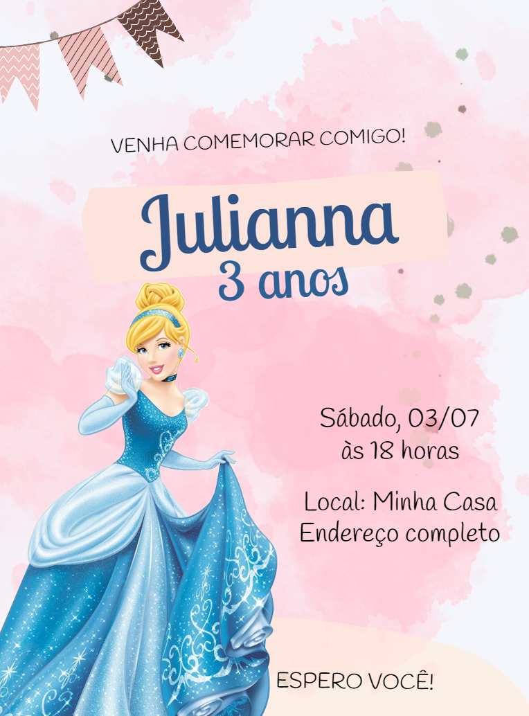 Convite de Aniversário Princesa Cinderela para Editar Online Convite de Aniversário Princesa Cinderela para Editar Online