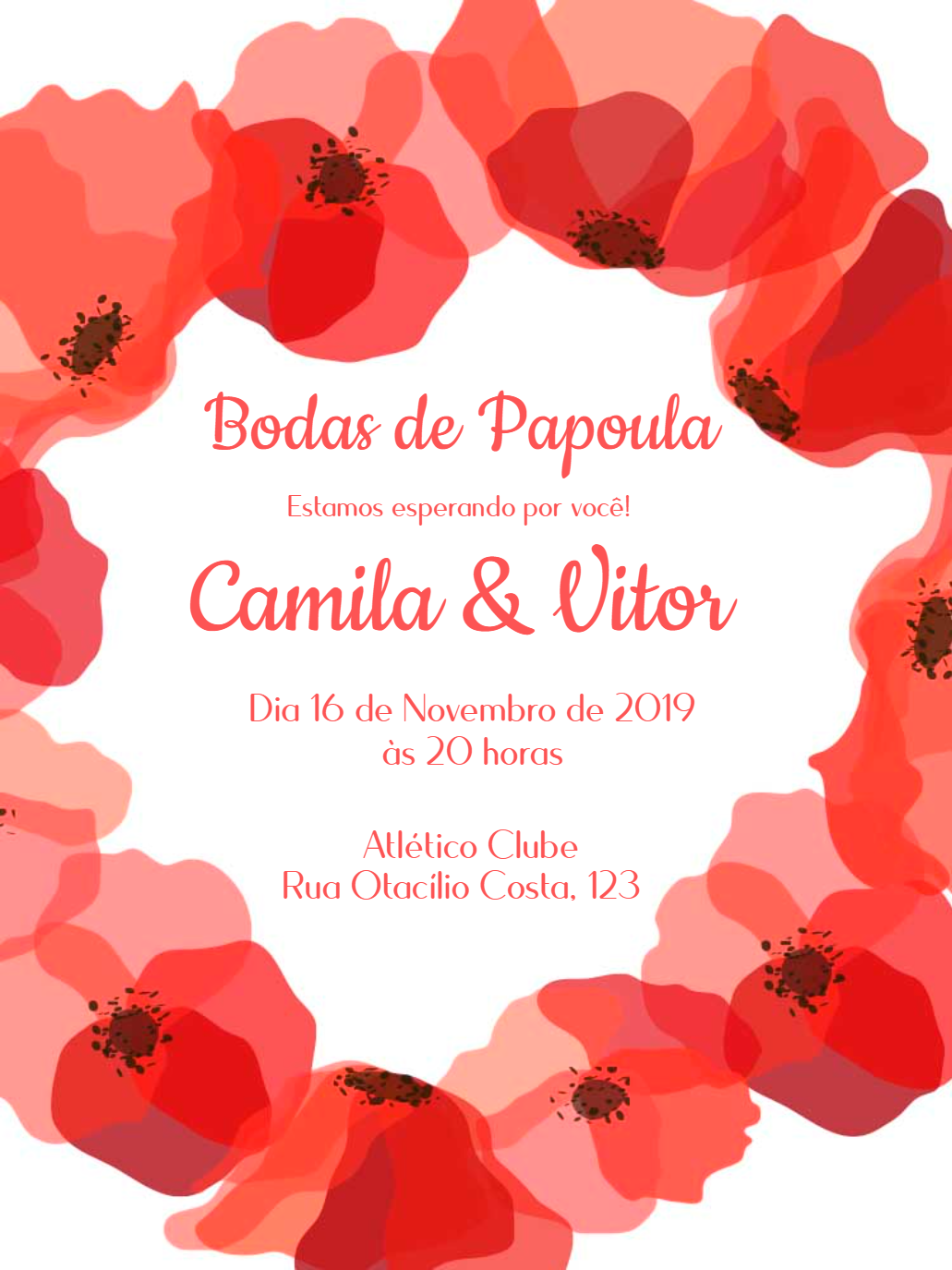 Convite Bodas de Papoula Floral para Editar Online Convite Bodas de Papoula Floral para Editar Online
