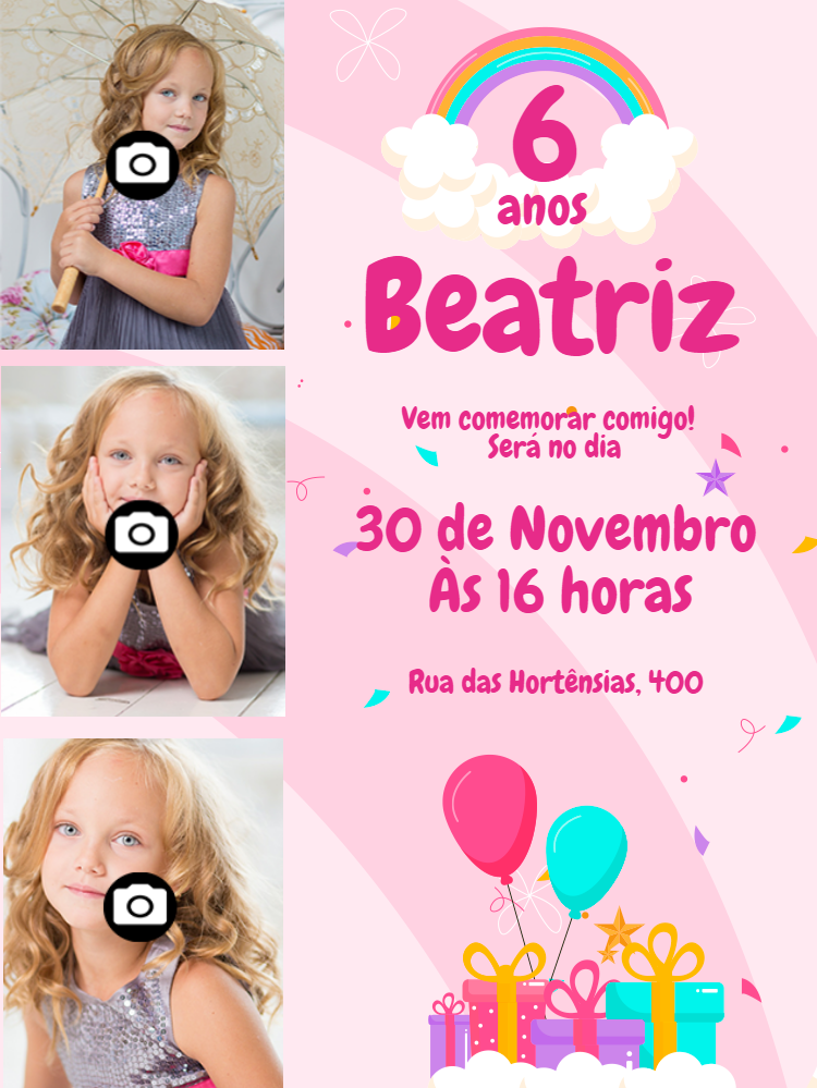 Convite de Aniversário com Colagem de Fotos para Editar Convite de Aniversário com Colagem de Fotos para Editar