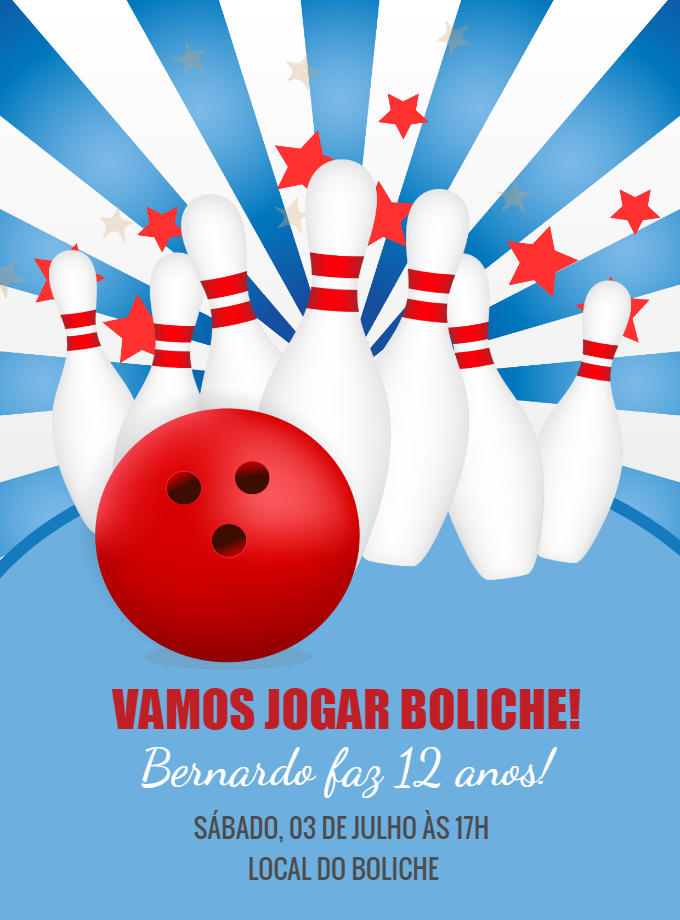 Convite de Aniversário Boliche com Pinos e Bola para Editar Convite de Aniversário Boliche com Pinos e Bola para Editar