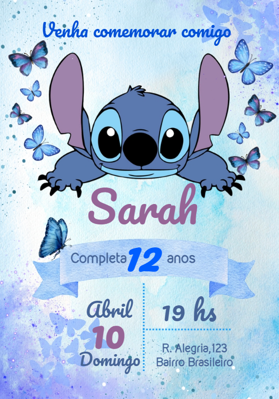 Convite de Aniversário Stitch com Borboletas para Editar Convite de Aniversário Stitch com Borboletas para Editar