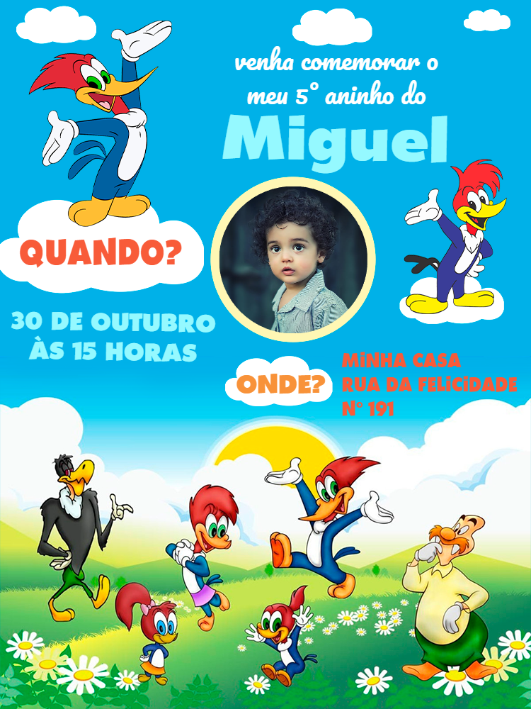 Convite Aniversário Pica Pau com Foto para Editar Online Convite Aniversário Pica Pau com Foto para Editar Online