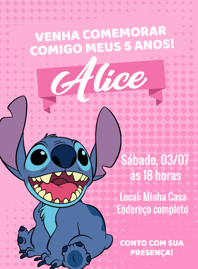 Convite de Aniversário Stitch Rosa para Editar Online Convite de Aniversário Stitch Rosa para Editar Online