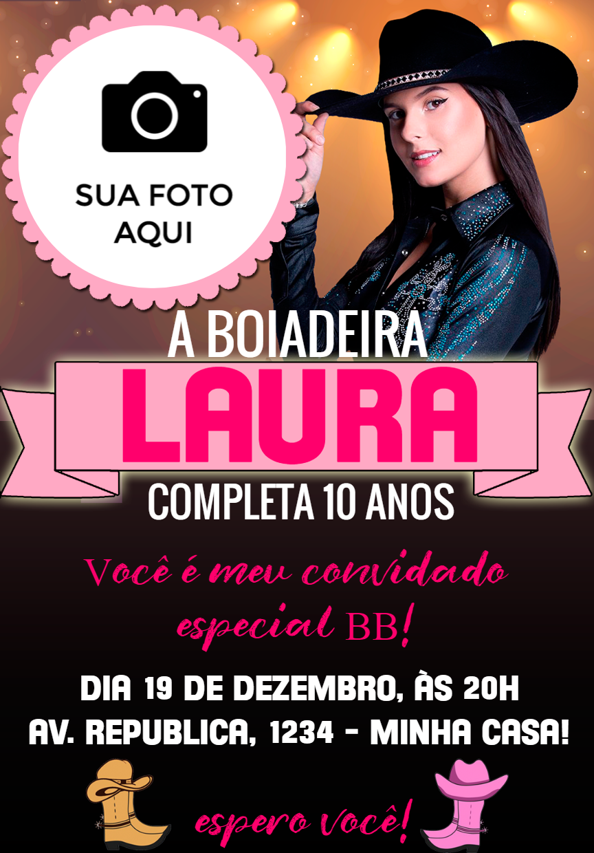 Convite Aniversário Boiadeira com Foto para Editar Online Convite Aniversário Boiadeira com Foto para Editar Online