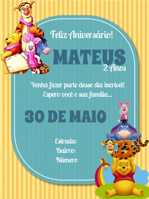 Convite de Aniversário Ursinho Pooh para Editar Online