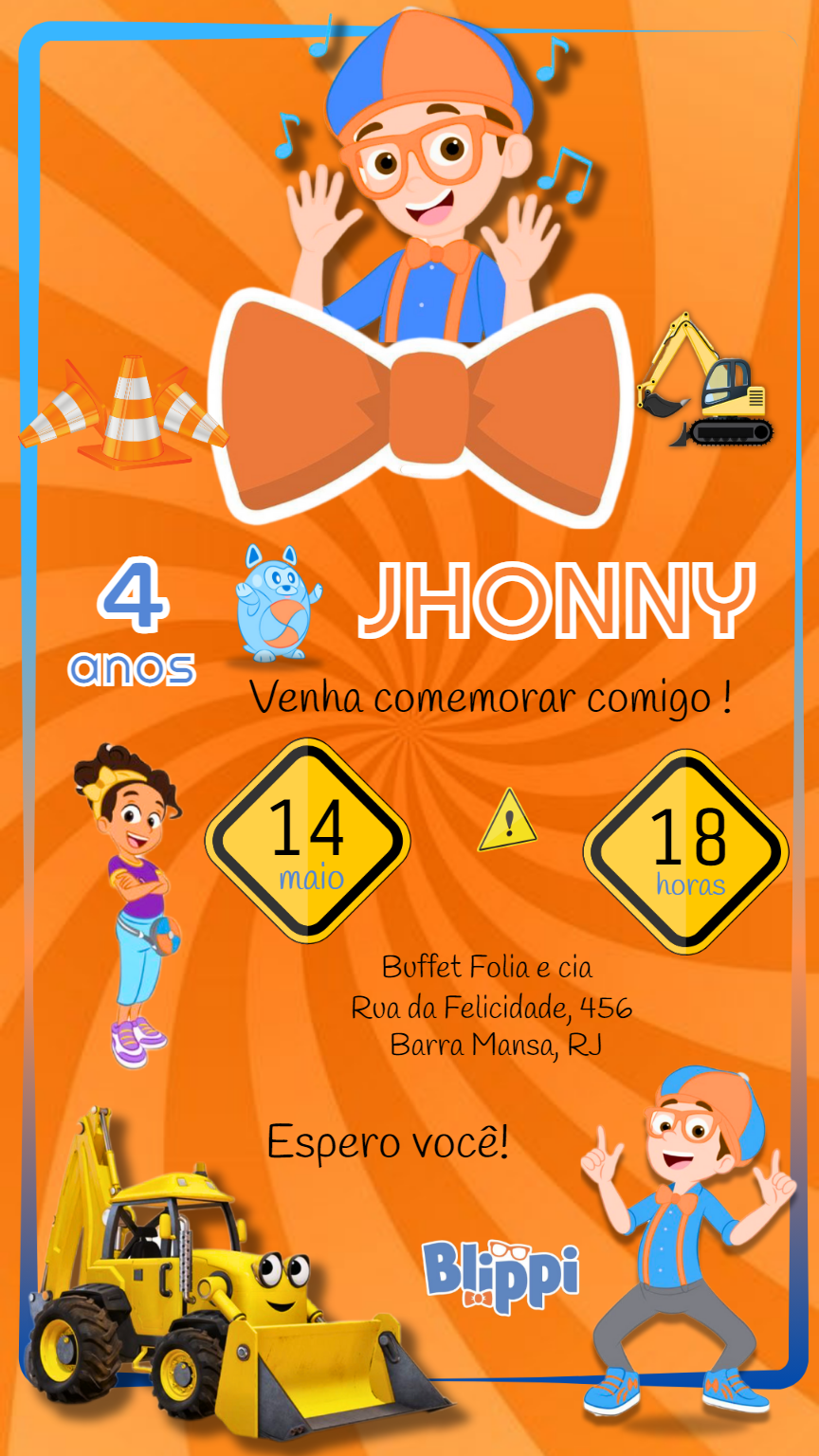 Convite de Aniversário Blippi e Construção para Editar Online Convite de Aniversário Blippi e Construção para Editar Online