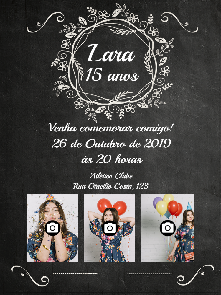 Convite 15 Anos Chalkboard com Fotos para Editar Online