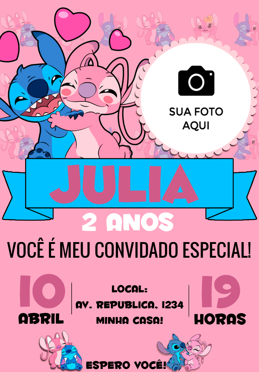 Convite Aniversário Stitch e Angel com Foto para Editar Online