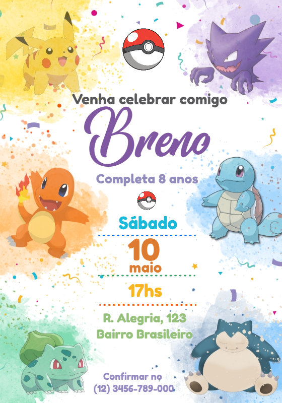Convite de Aniversário Pokémon Aquarela para Editar Online Convite de Aniversário Pokémon Aquarela para Editar Online