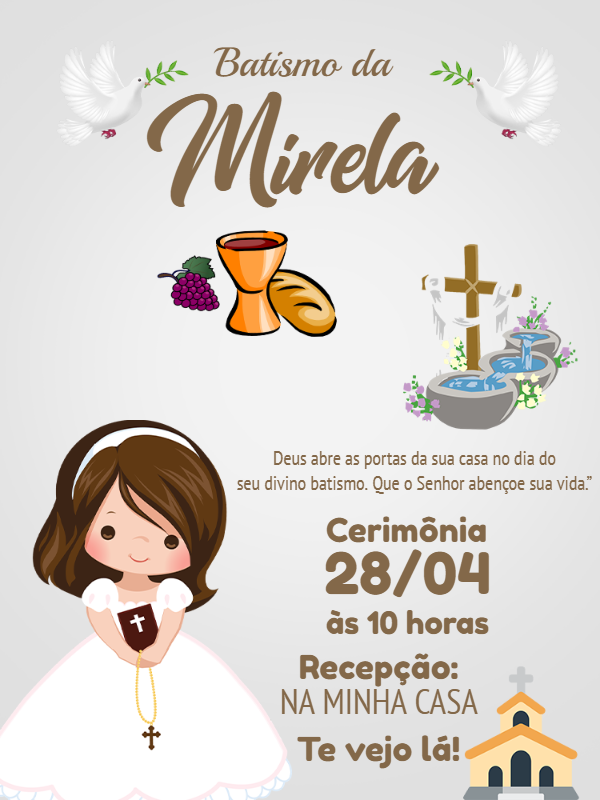 Convite de Batismo Menina com Ilustração Delicada para Editar Convite de Batismo Menina com Ilustração Delicada para Editar
