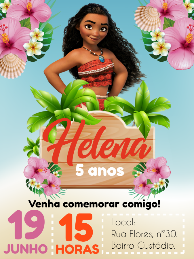 Convite de Aniversário Moana para Editar Online e Imprimir Convite de Aniversário Moana para Editar Online e Imprimir