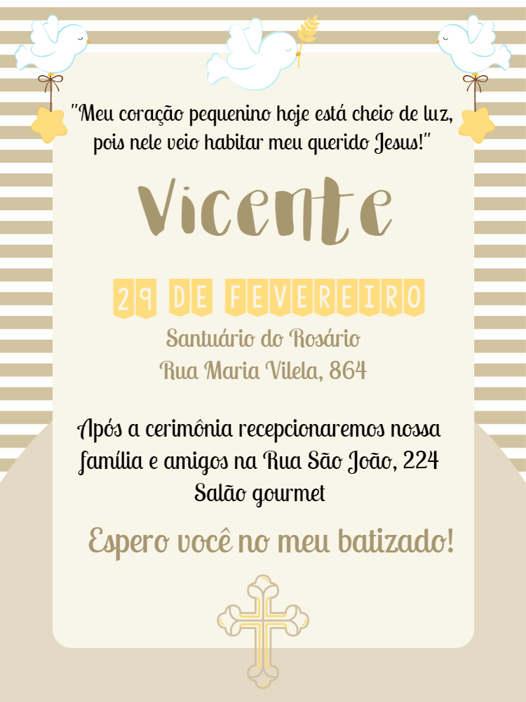 Convite de Batizado Clássico com Pombas para Editar Online Convite de Batizado Clássico com Pombas para Editar Online