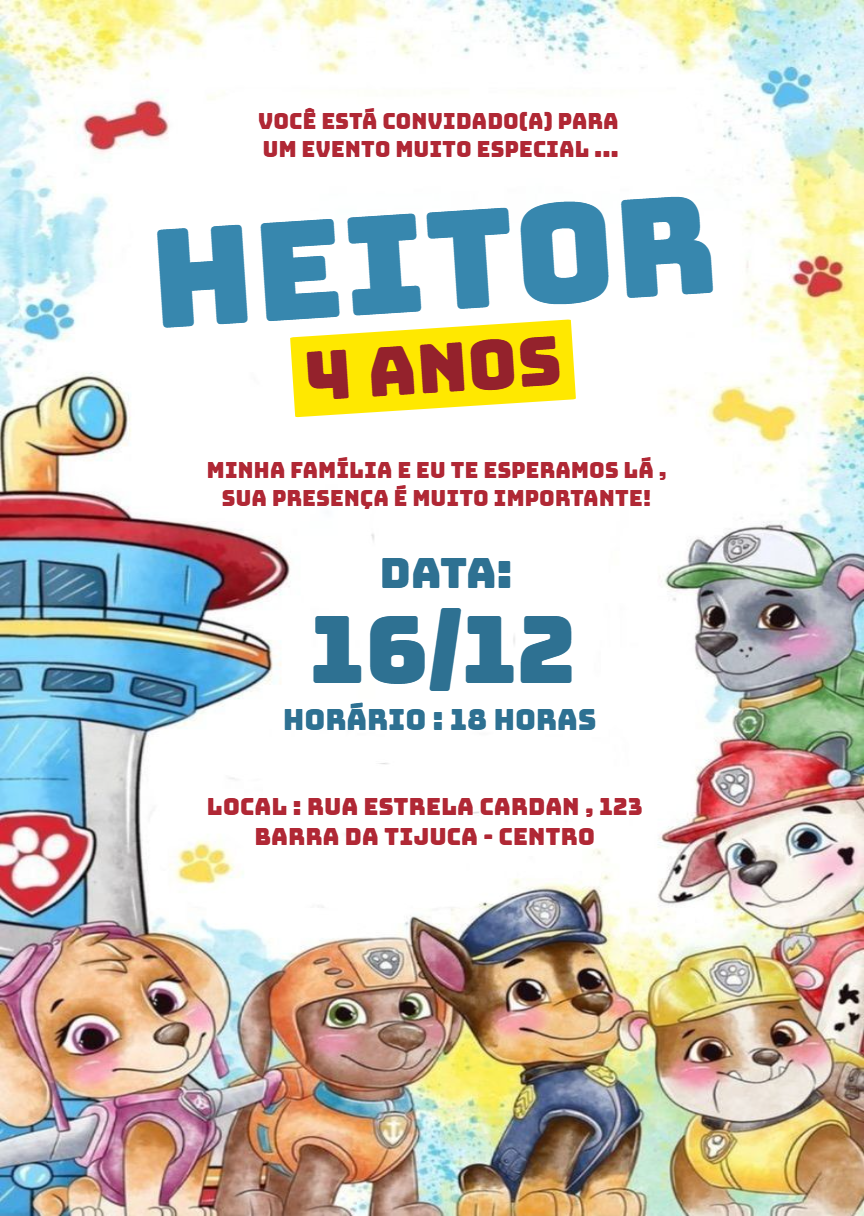 Convite de Aniversário Patrulha Canina para Editar Online Convite de Aniversário Patrulha Canina para Editar Online