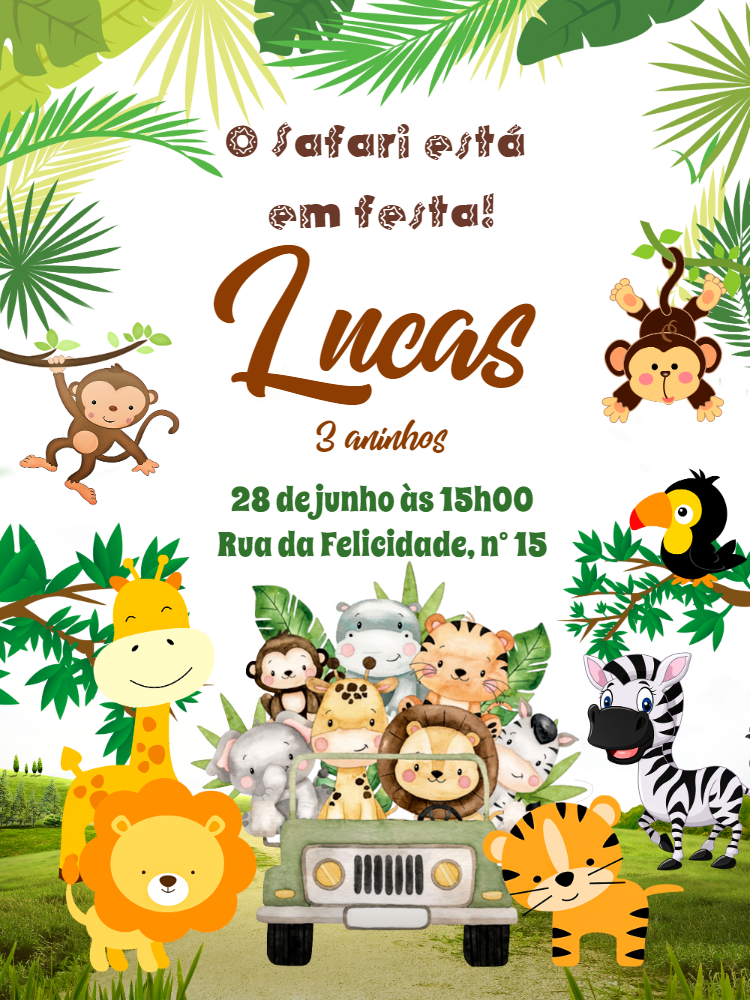 Convite Aniversário Safari com Animais para Editar Online