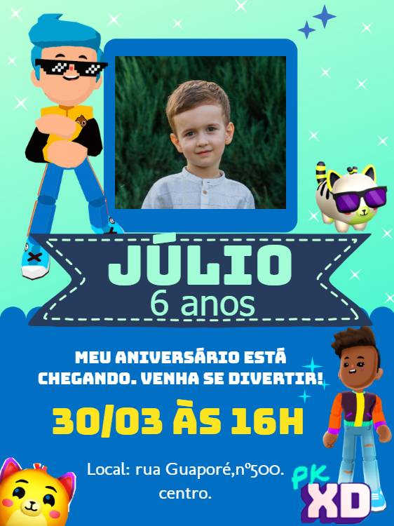 Convite Aniversário PK XD com Foto para Editar Online Convite Aniversário PK XD com Foto para Editar Online