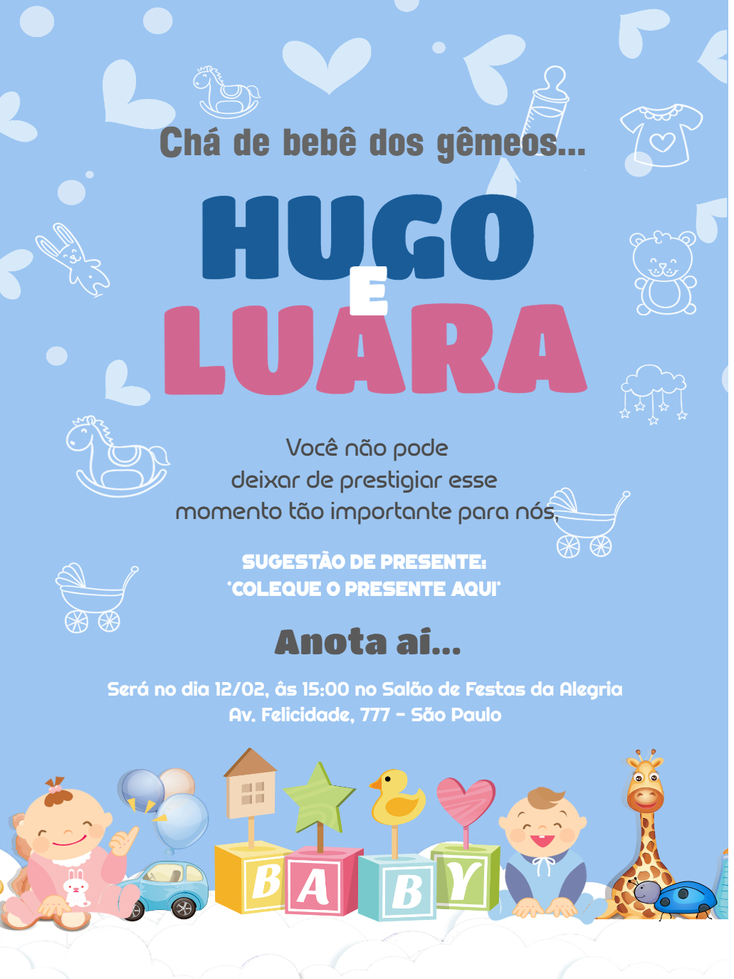 Convite Chá de Bebê Gêmeos Menino e Menina para Editar Online Convite Chá de Bebê Gêmeos Menino e Menina para Editar Online