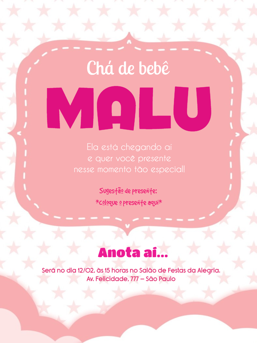 Convite Chá de Bebê Menina Rosa com Estrelas para Editar