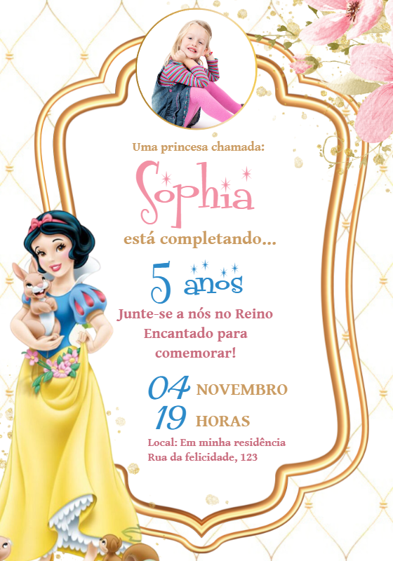 Convite Aniversário Branca de Neve com Foto para Editar Online Convite Aniversário Branca de Neve com Foto para Editar Online