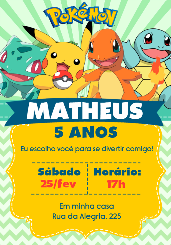 Convite de Aniversário Pokémon com Personagens para Editar Online Convite de Aniversário Pokémon com Personagens para Editar Online