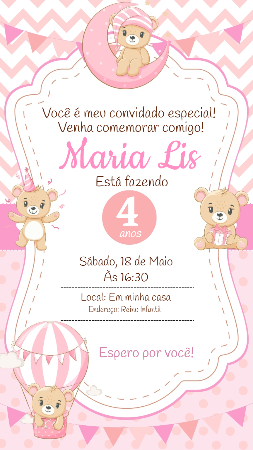Convite Aniversário Ursinha Baby Fofa para Editar Online Convite Aniversário Ursinha Baby Fofa para Editar Online