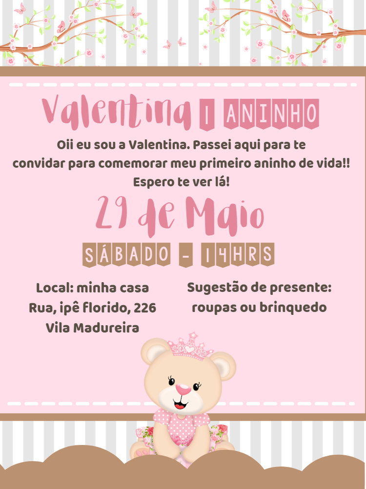 Convite Aniversário Ursinha Princesa para Editar Online Convite Aniversário Ursinha Princesa para Editar Online