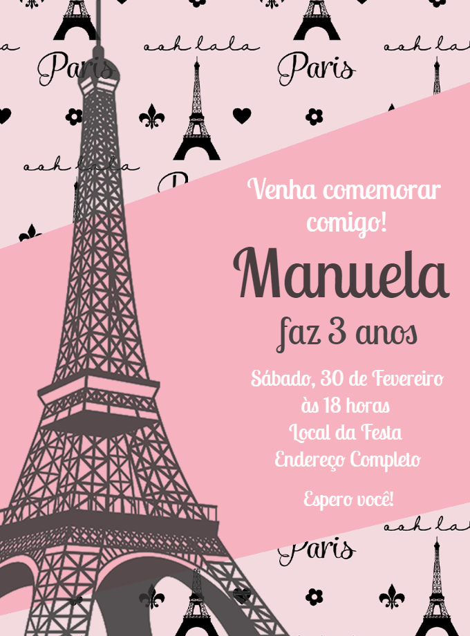 Convite de Aniversário Tema Paris para Editar Online Convite de Aniversário Tema Paris para Editar Online