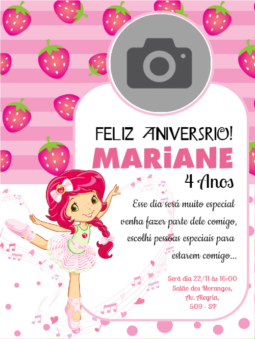Convite de Aniversário Moranguinho com Foto para Editar Online Convite de Aniversário Moranguinho com Foto para Editar Online