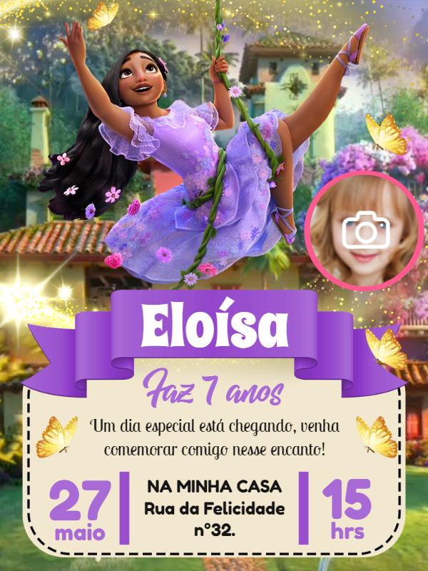Convite de Aniversário Encanto com Foto para Editar Online Convite de Aniversário Encanto com Foto para Editar Online