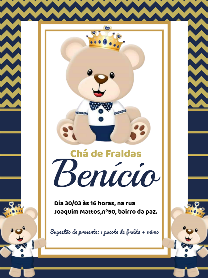 Convite Chá de Fraldas Ursinho Príncipe para Editar Online Convite Chá de Fraldas Ursinho Príncipe para Editar Online