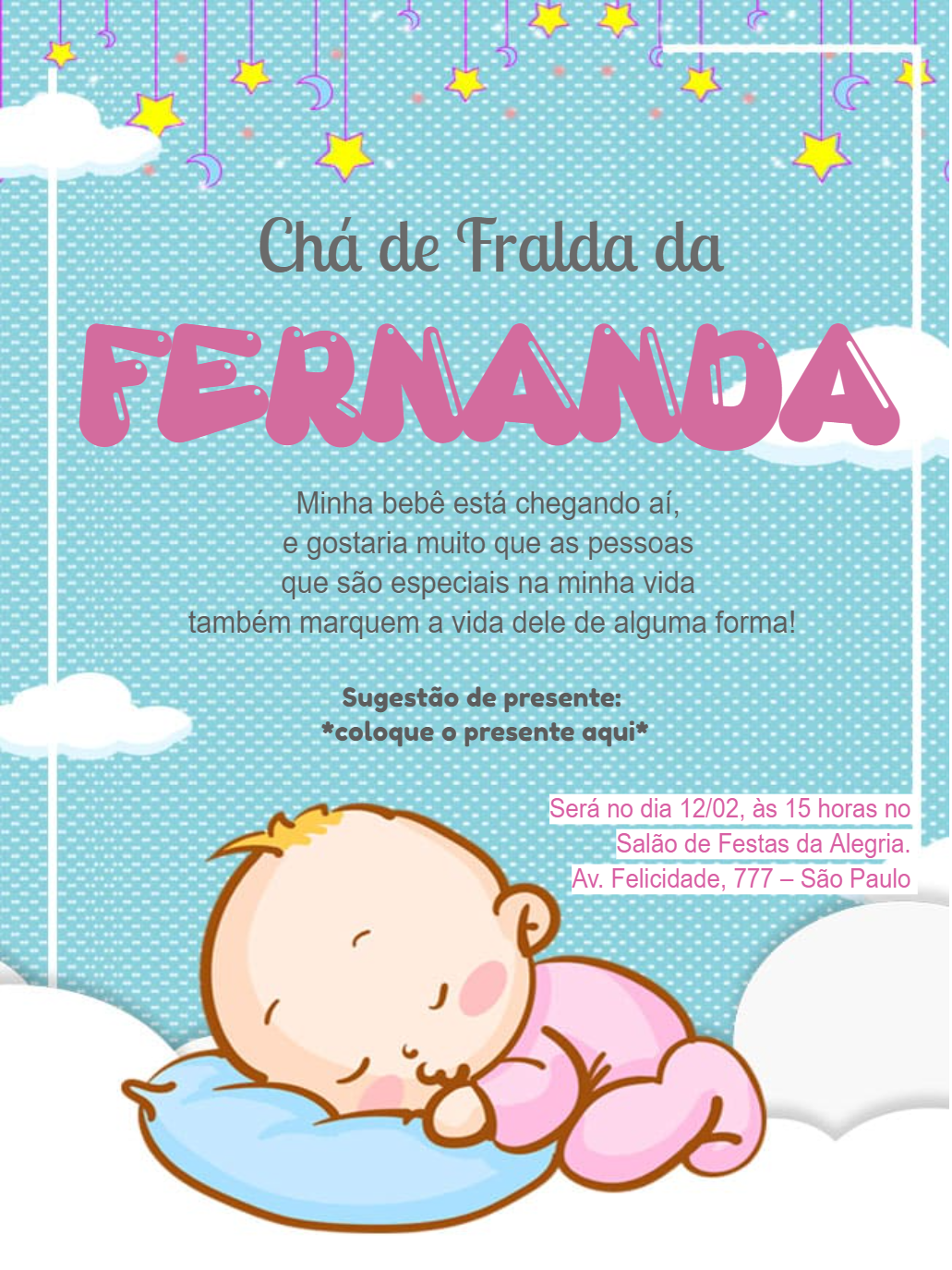 Convite Chá de Bebê Menina com Bebê Dormindo para Editar