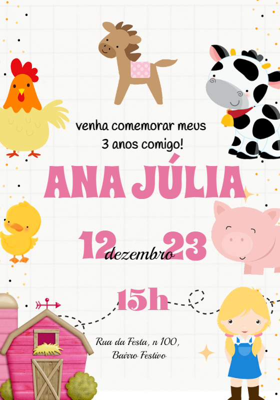 Convite Aniversário Fazendinha Rosa para Menina para Editar Online Convite Aniversário Fazendinha Rosa para Menina para Editar Online