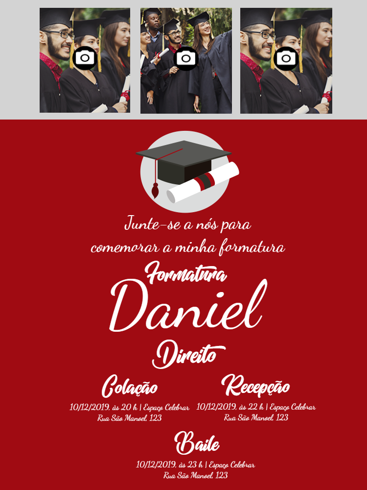 Convite de Formatura com Fotos para Editar Online e Imprimir Convite de Formatura com Fotos para Editar Online e Imprimir