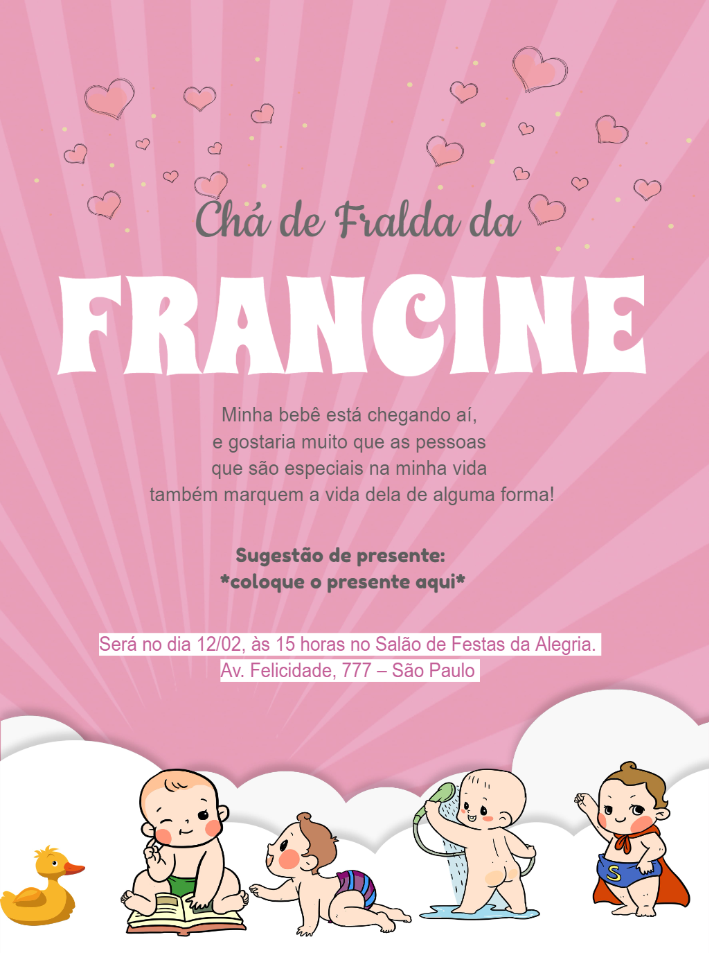 Convite Chá de Fraldas Menina Rosa com Bebês para Editar Online Convite Chá de Fraldas Menina Rosa com Bebês para Editar Online