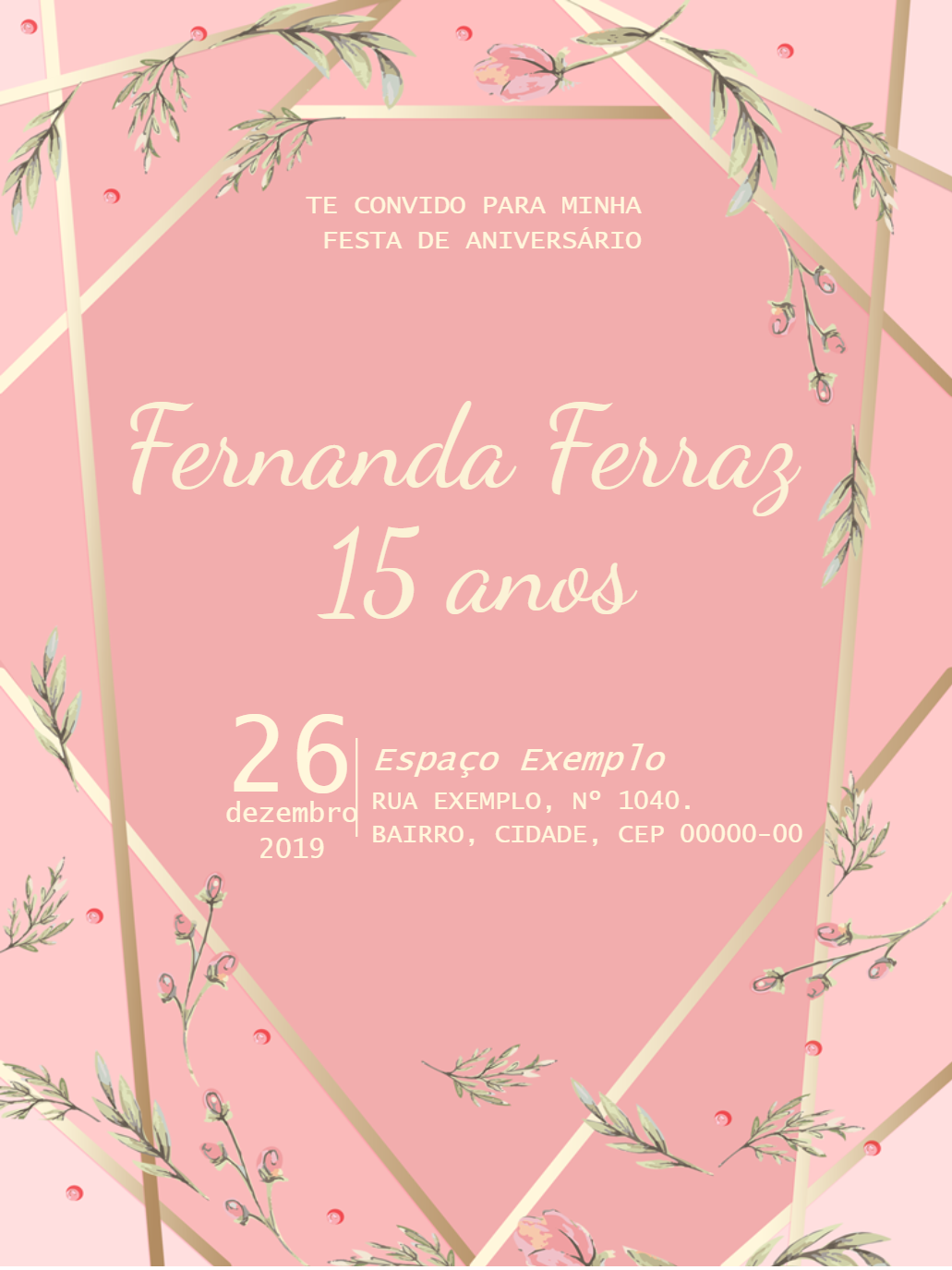 Convite de 15 anos Rosa e Dourado Geométrico para Editar Convite de 15 anos Rosa e Dourado Geométrico para Editar