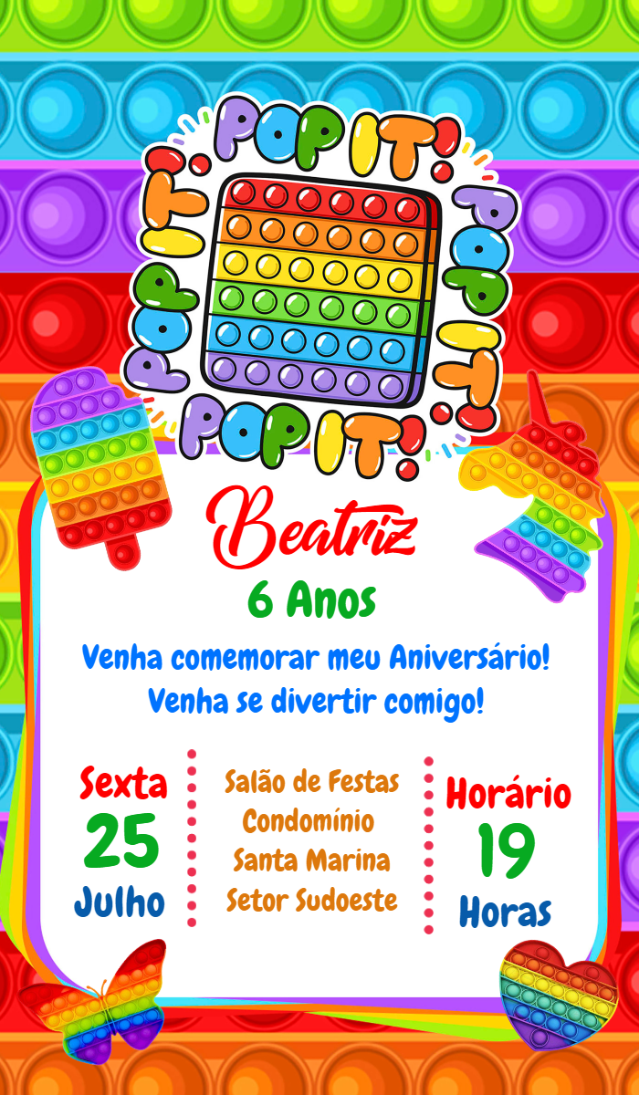 Convite Aniversário Pop It Colorido para Editar Online