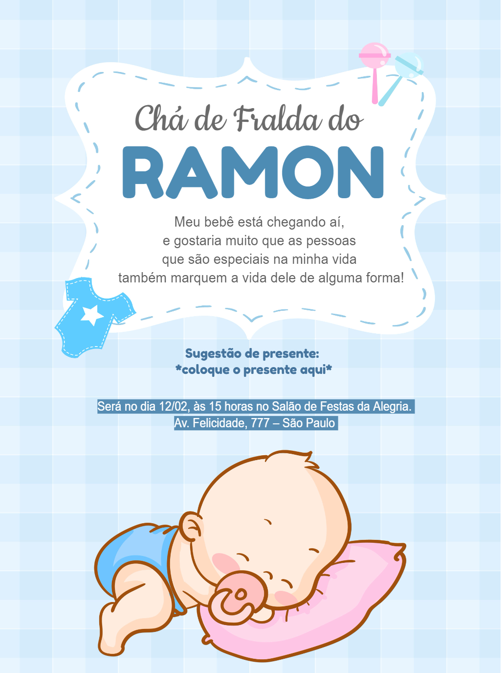 Convite Chá de Fralda de Menino com Bebê Fofo para Editar Online Convite Chá de Fralda de Menino com Bebê Fofo para Editar Online