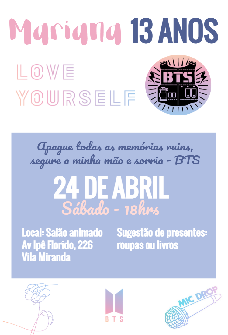 Convite de Aniversário BTS K-pop para Editar e Imprimir Convite de Aniversário BTS K-pop para Editar e Imprimir