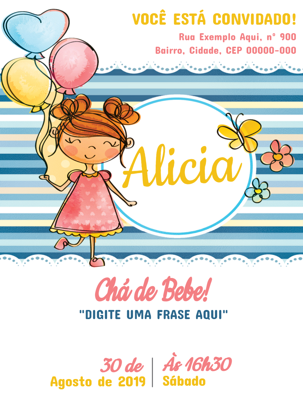 Convite Chá de Bebê Menina com Balões para Editar Online Convite Chá de Bebê Menina com Balões para Editar Online