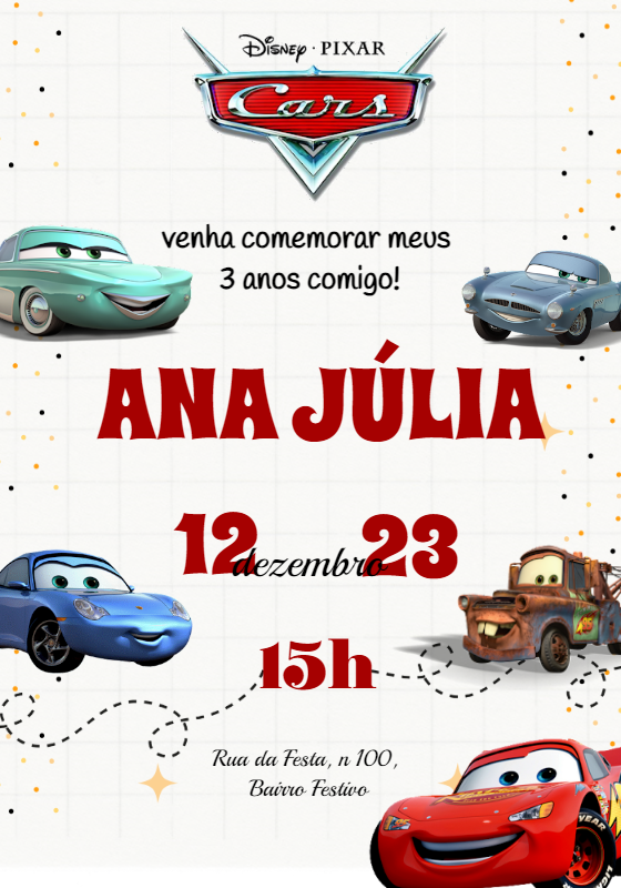 Convite de Aniversário Carros Disney para Editar Online
