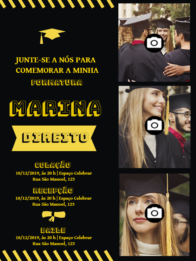 Convite de Formatura com Fotos para Editar Online e Imprimir