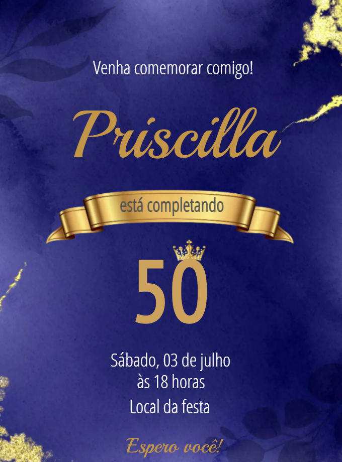 Convite de Aniversário Azul e Dourado Elegante para Editar Convite de Aniversário Azul e Dourado Elegante para Editar
