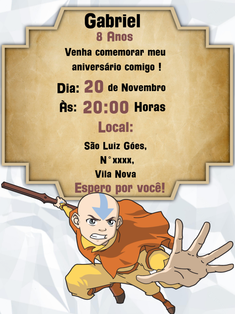 Convite Aniversário Avatar A Lenda de Aang para Editar Online Convite Aniversário Avatar A Lenda de Aang para Editar Online