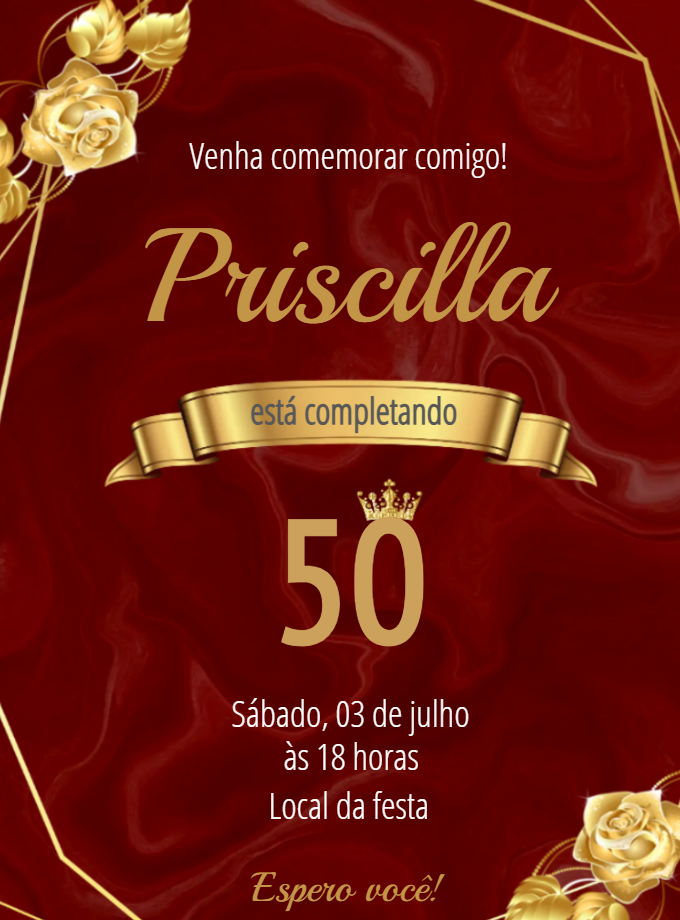 Convite de 50 Anos Floral Vermelho e Dourado para Editar