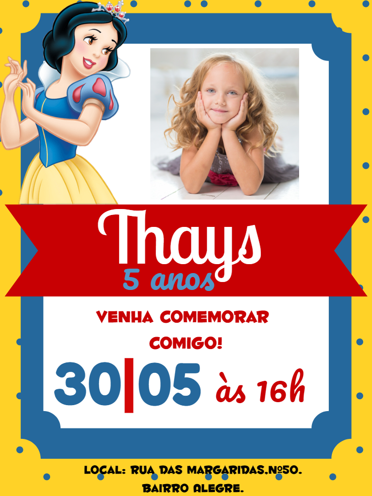 Convite Aniversário Branca de Neve com Foto para Editar Online Convite Aniversário Branca de Neve com Foto para Editar Online