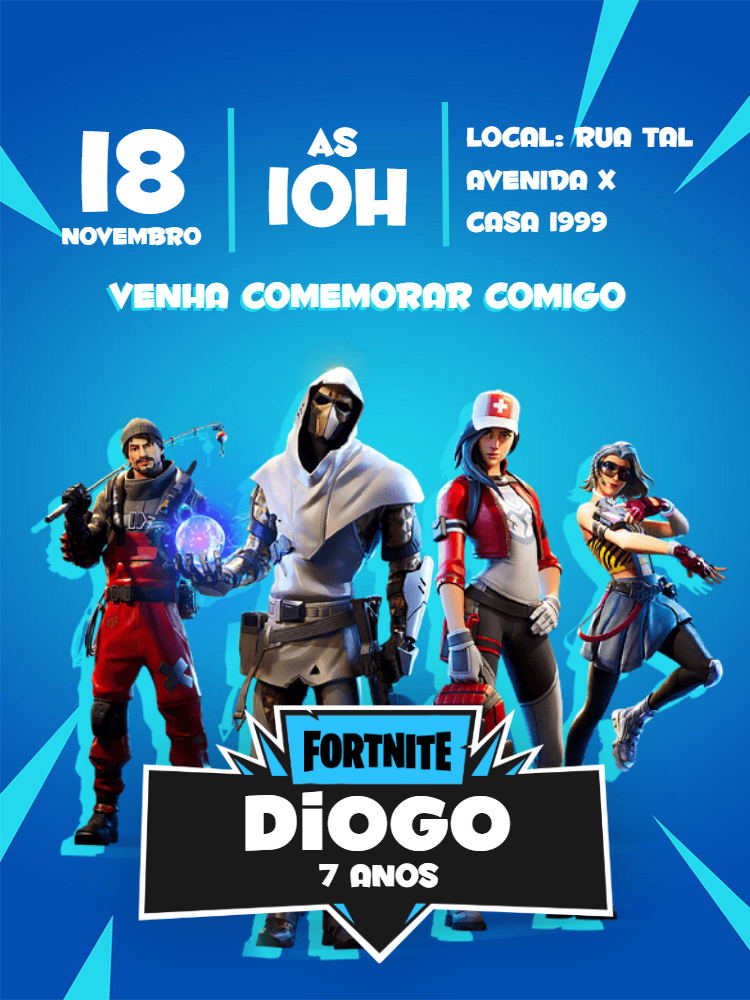 Convite Aniversário Fortnite com Personagens para Editar Online Convite Aniversário Fortnite com Personagens para Editar Online