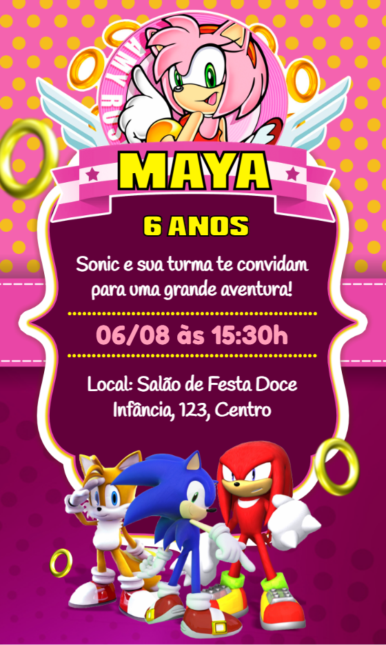 Convite de Aniversário Sonic e Amy Rose Editável Online Convite de Aniversário Sonic e Amy Rose Editável Online