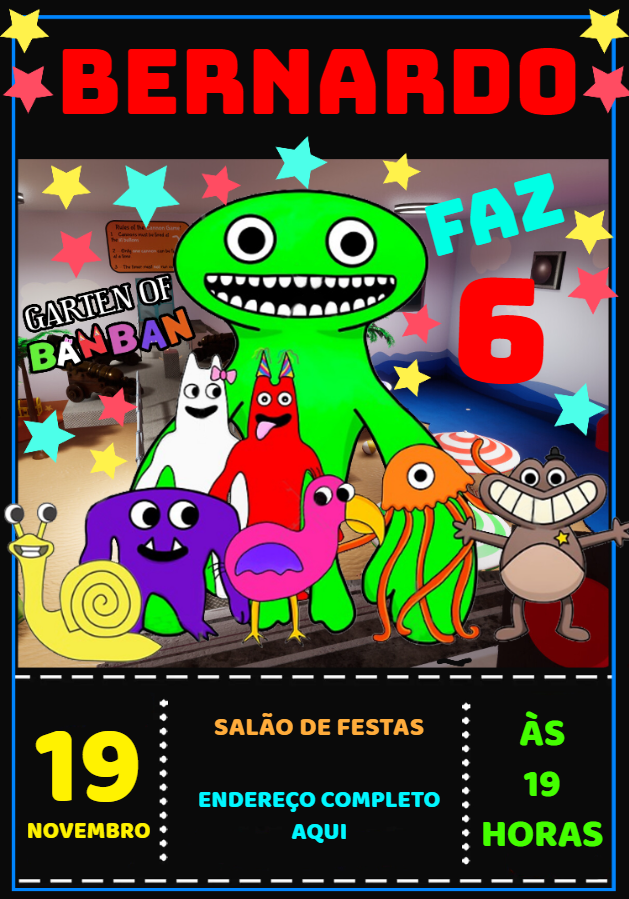 Convite Aniversário Garten of Banban com Personagens para Editar Convite Aniversário Garten of Banban com Personagens para Editar