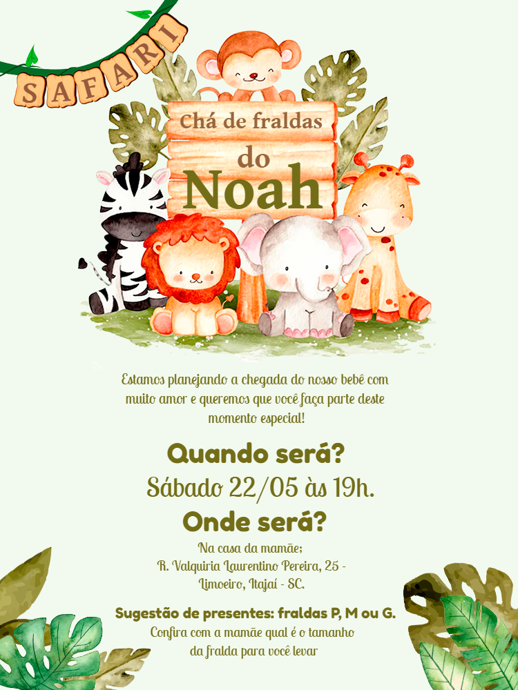 Convite Chá de Fraldas Safari com Animais para Editar Online Convite Chá de Fraldas Safari com Animais para Editar Online